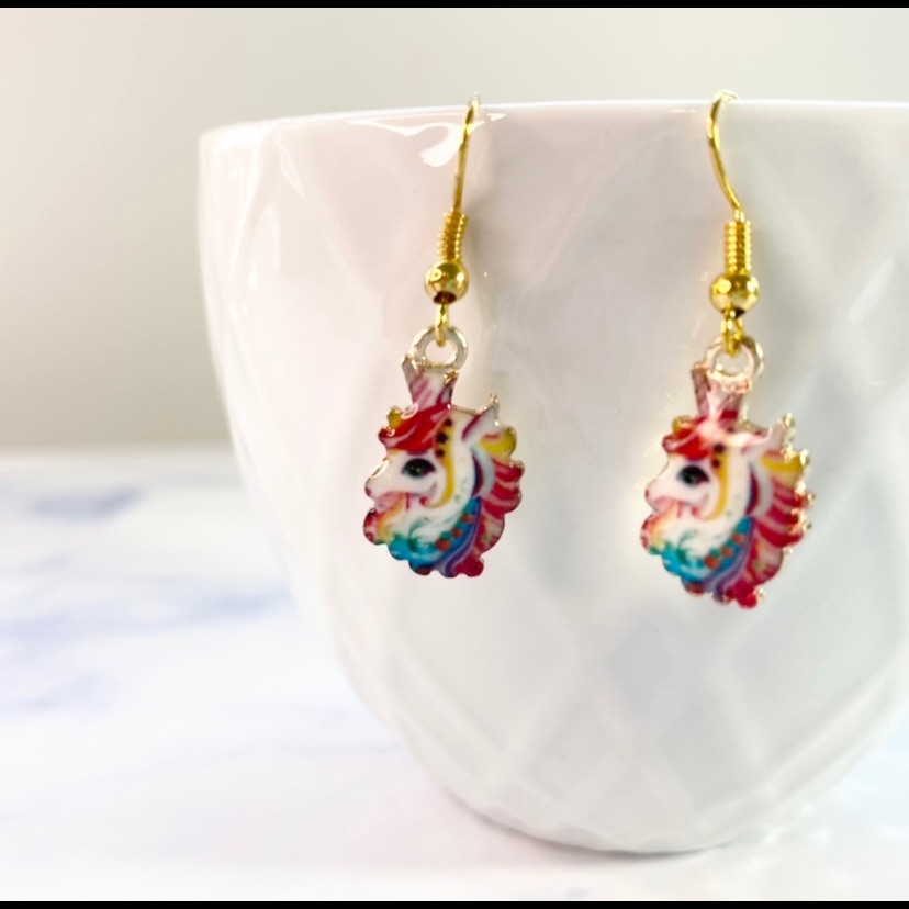 Unicorn Charm Earrings. 17mm X 11mm Rainbow